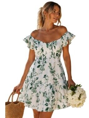 NWT Abercrombie & Fitch Green Floral Ruffle Milkmaid Mini Dress Medium Tall